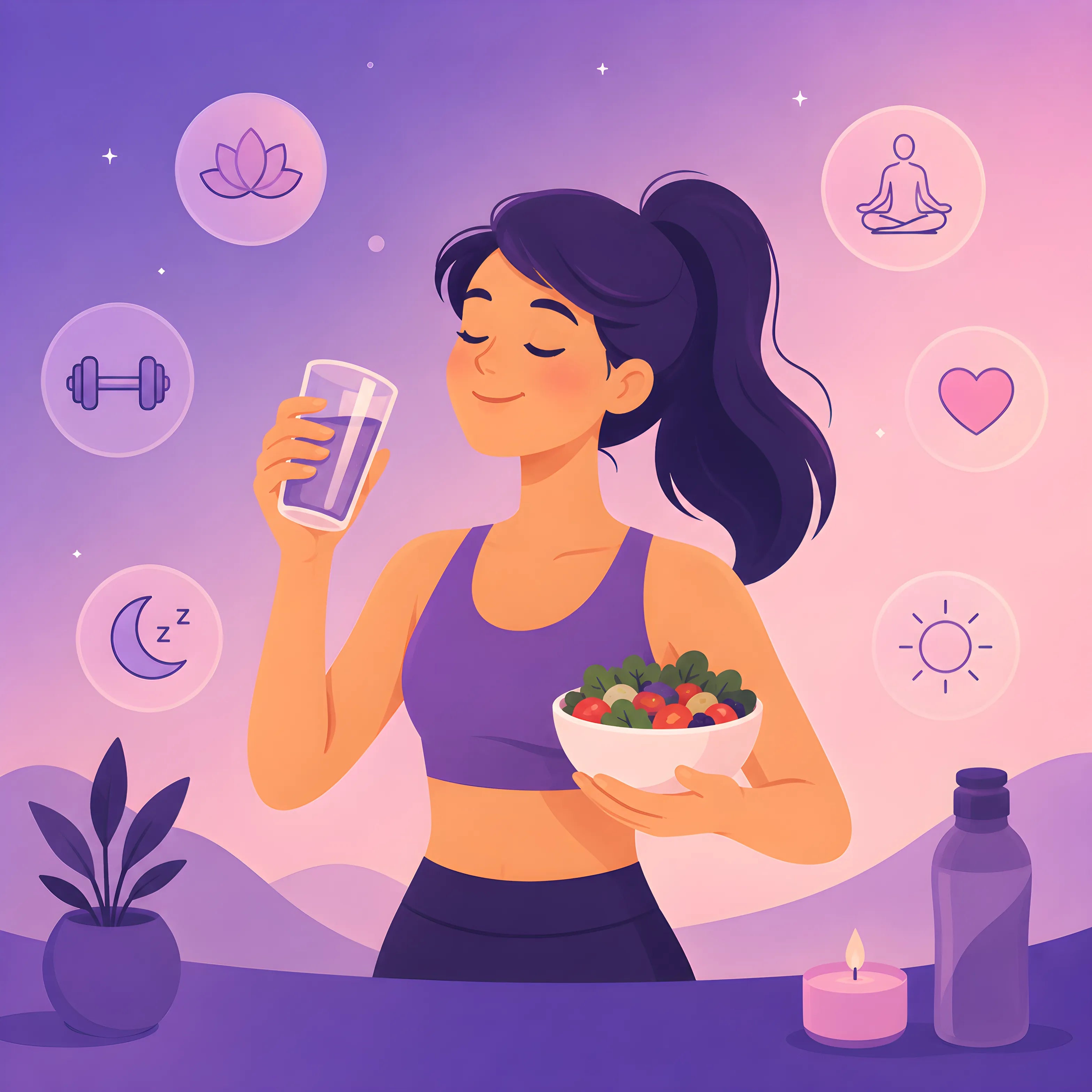 Illustration of a woman holding a glass of water and a bowl of salad with wellness icons in the background.