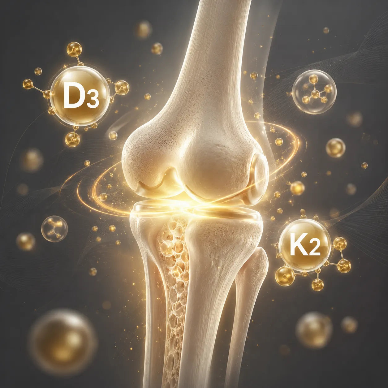 3D rendered image of a knee joint with D3 and K2 vitamins on a dark background