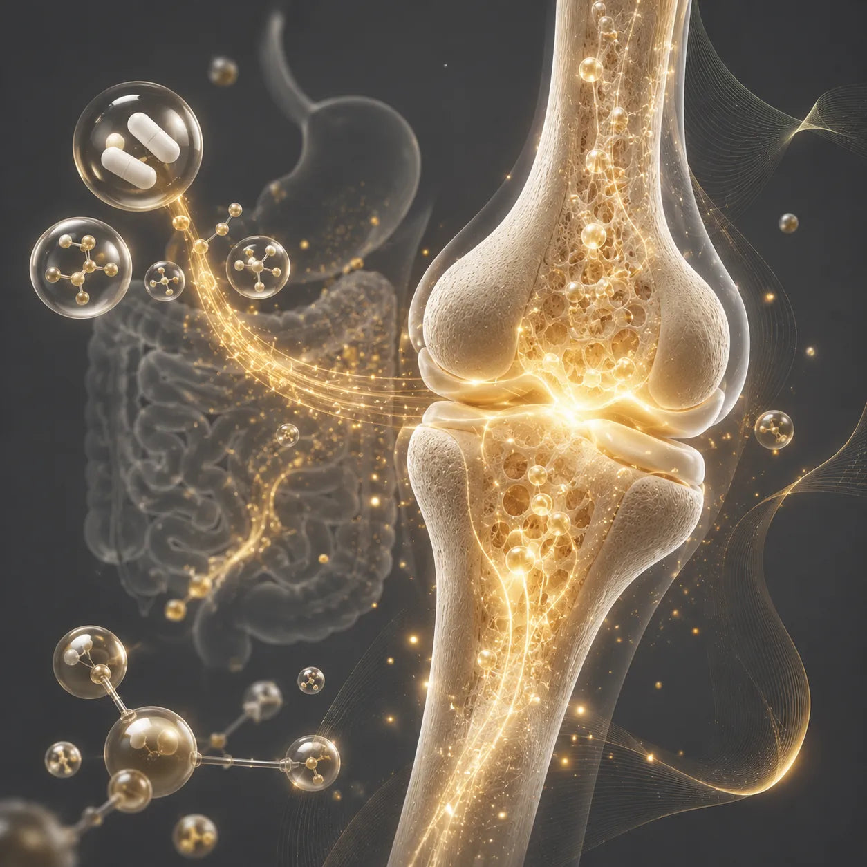 Illustration of a knee joint with molecular structures and nutrients on a dark background