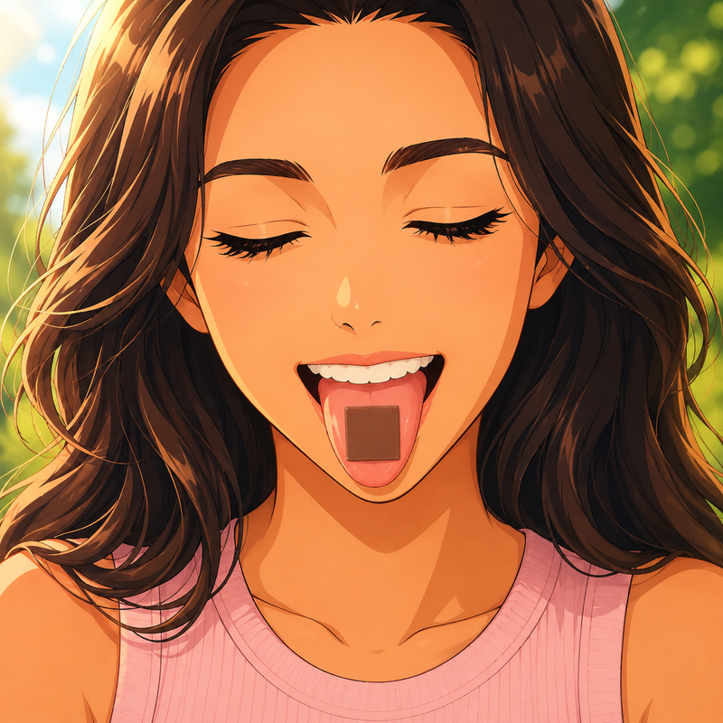 An illustrated close-up of a smiling woman with closed eyes, long wavy brown hair, and a pink ribbed tank top, with a square brown product on her tongue against a soft blurred green background.