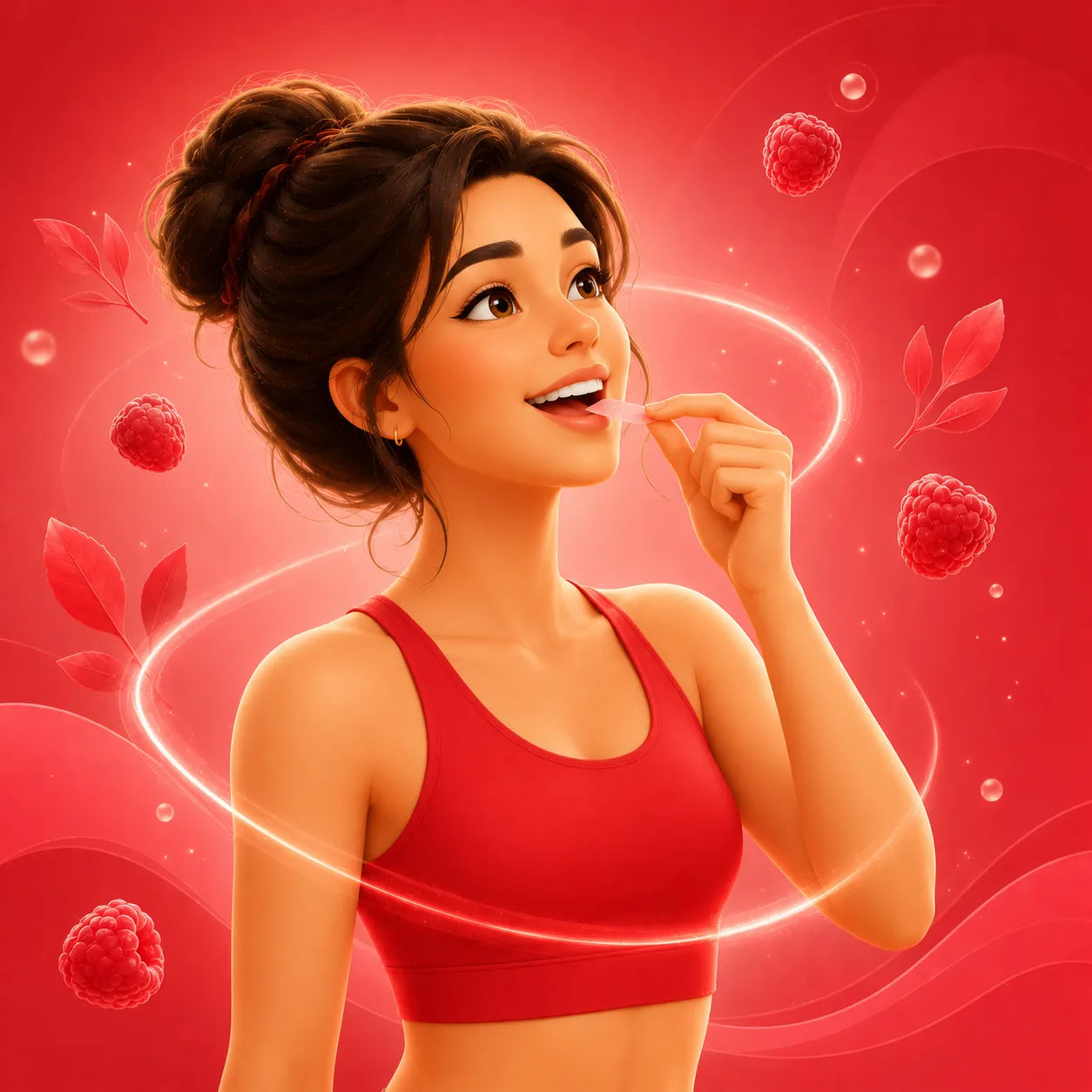 Woman in a red sports bra with raspberries and leaves on a red background