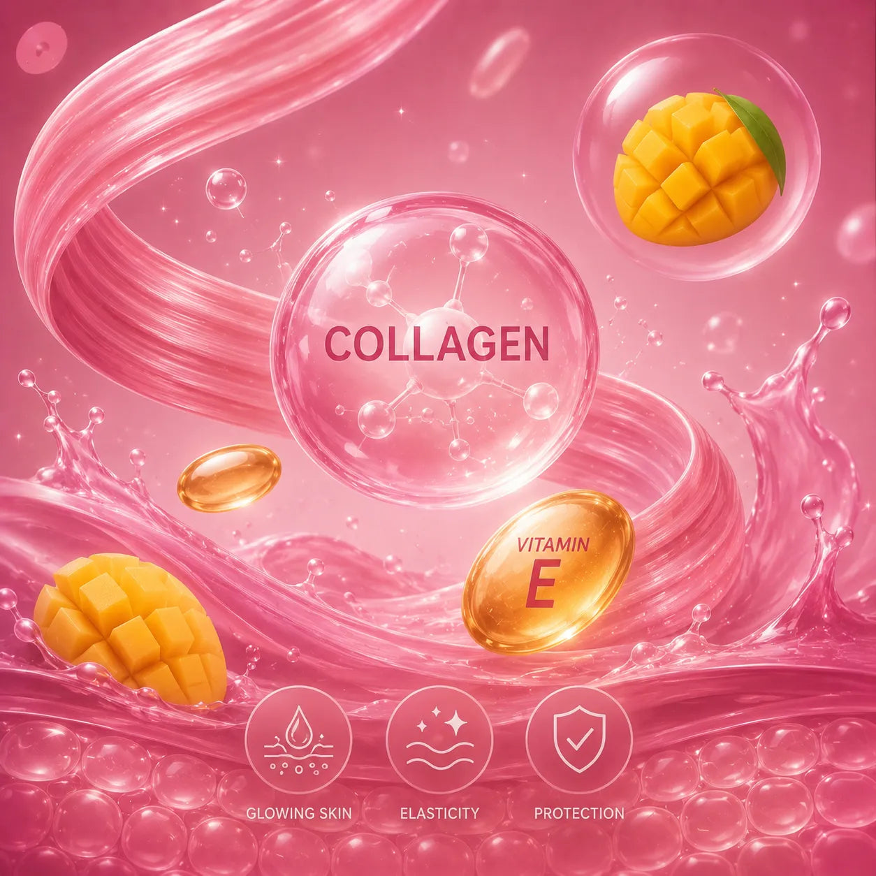 Collagen and vitamin E with mango pieces on a pink background