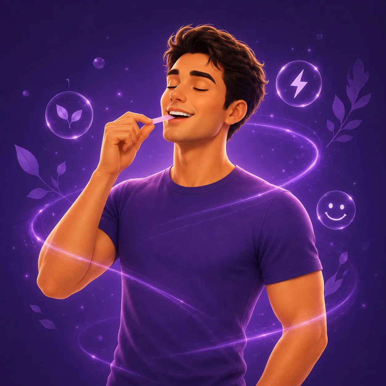 Man brushing his teeth with a purple background featuring symbols