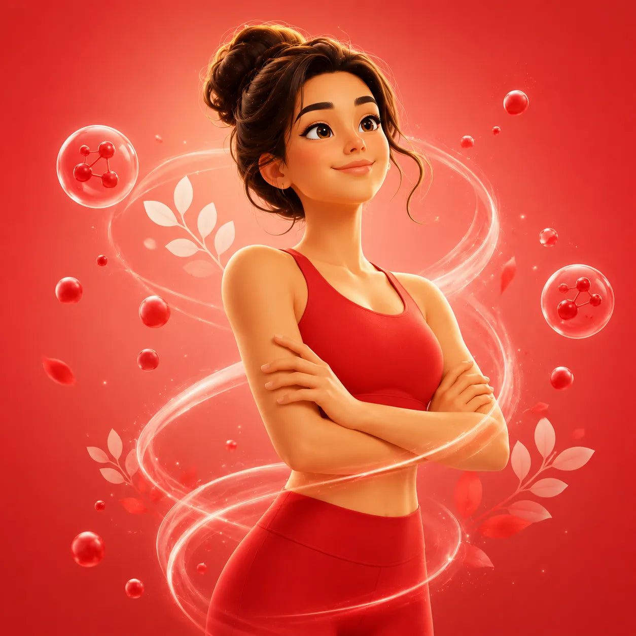 Animated character in red athletic wear on a red background with bubbles and leaves.
