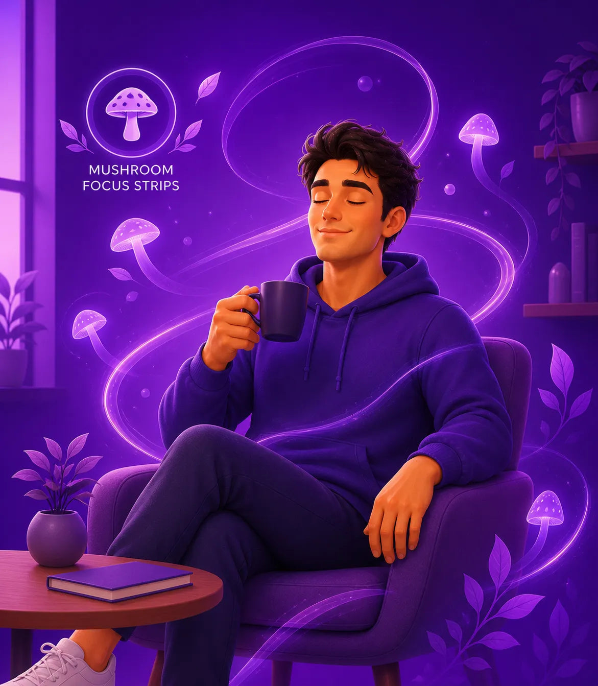 Man in a purple hoodie holding a mug in a room with purple lighting and mushroom graphics.