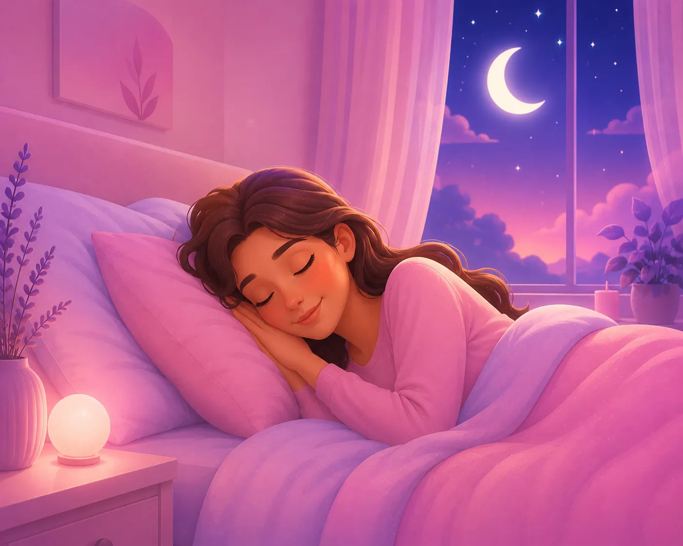 Woman sleeping in a bedroom with a nightlight and moonlit window