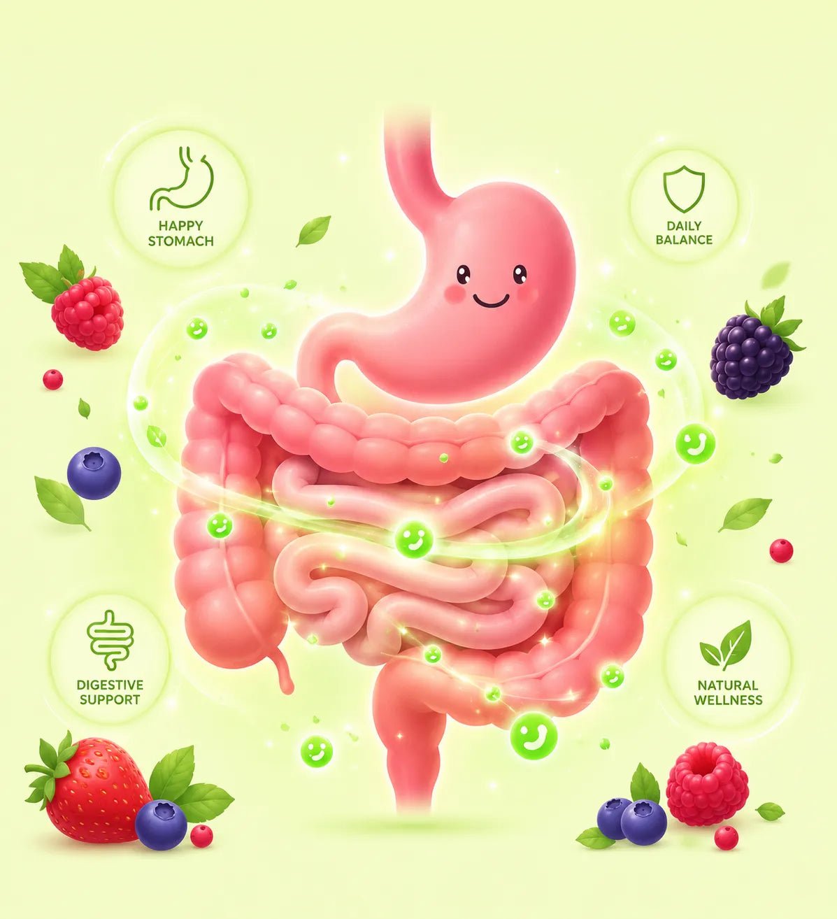 Cartoon digestive system with happy face on a green background with fruits and wellness icons