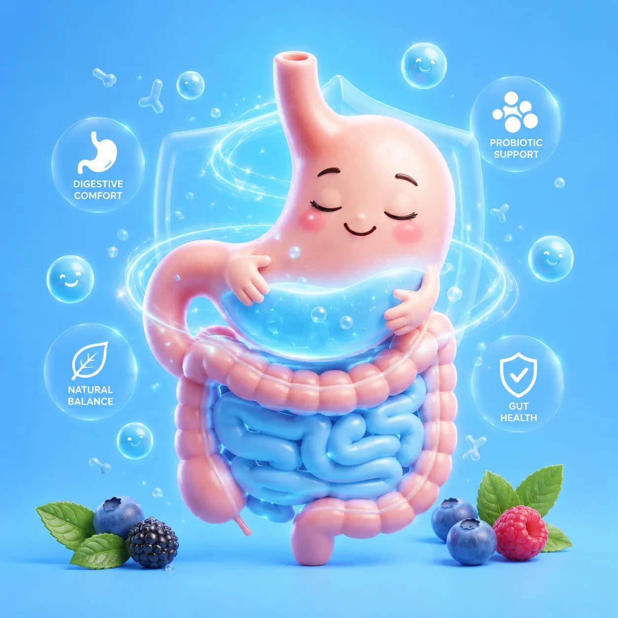 Cartoon digestive system with blue liquid, surrounded by probiotic icons and fruits on a blue background