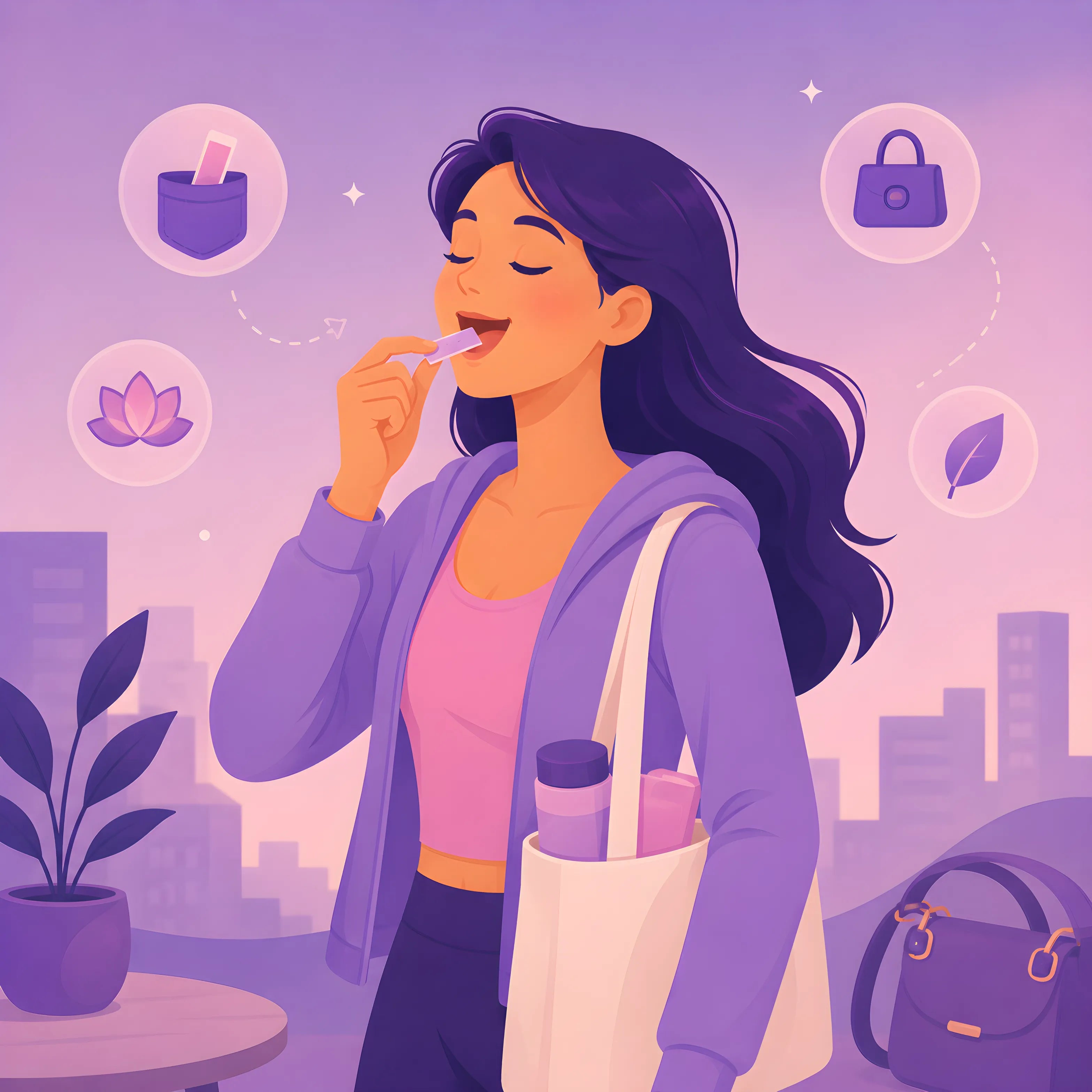 Illustration of a woman brushing her teeth with a cityscape background