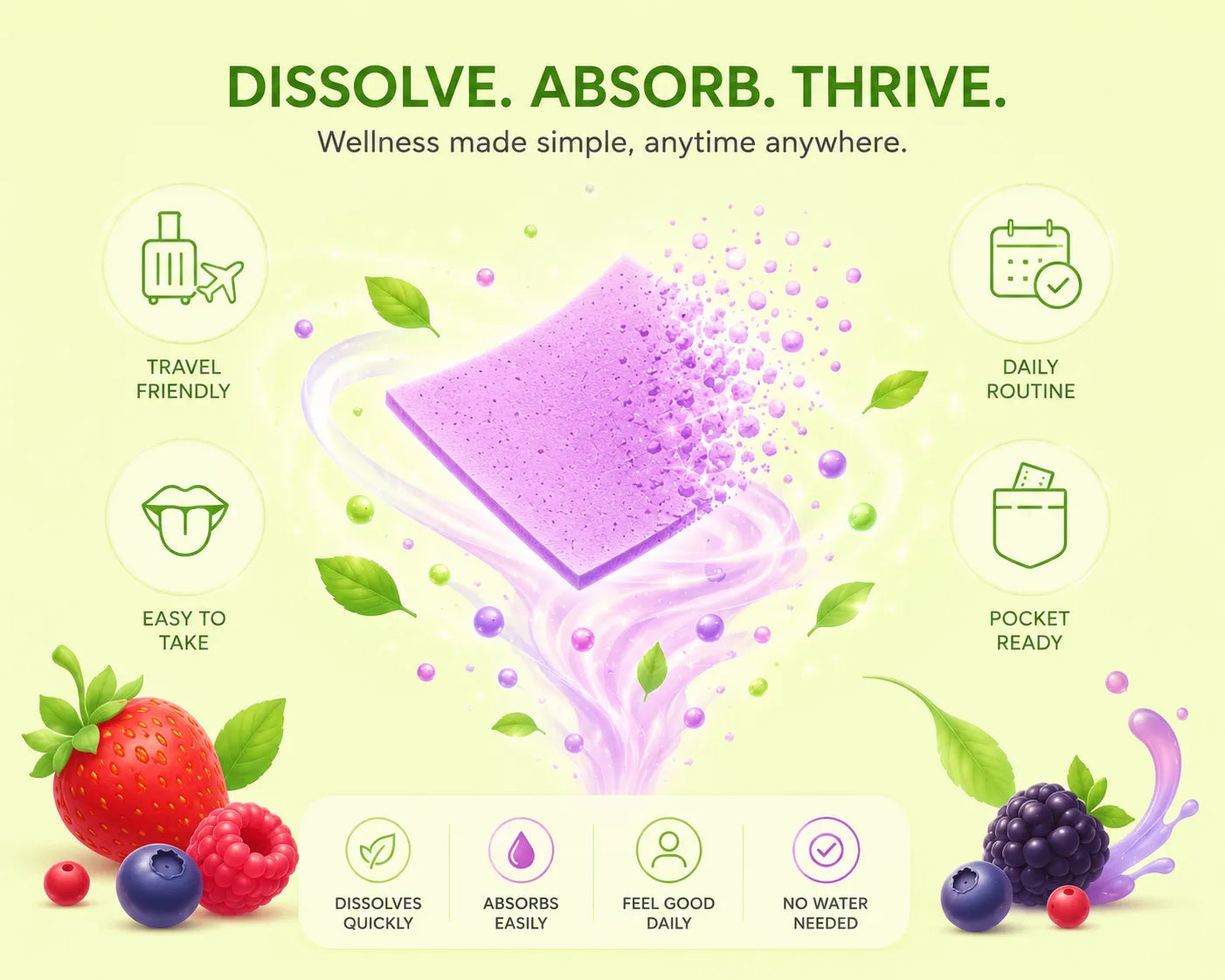 Product packaging with wellness benefits on a green background