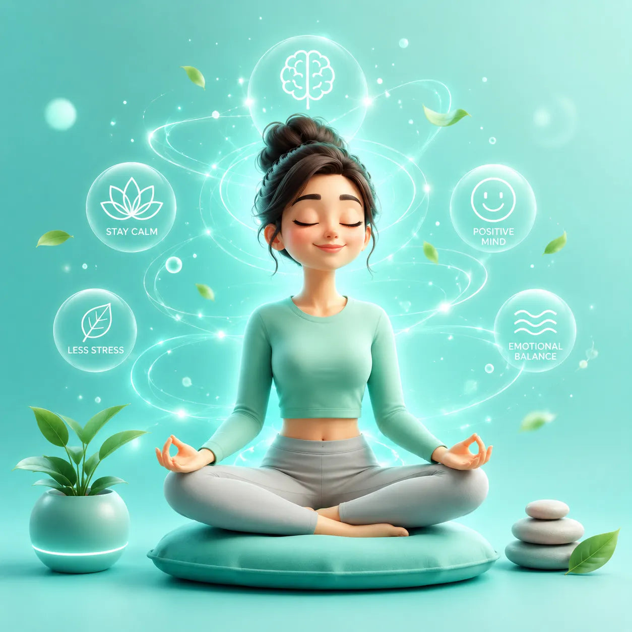 Woman meditating with wellness icons and benefits on a teal background