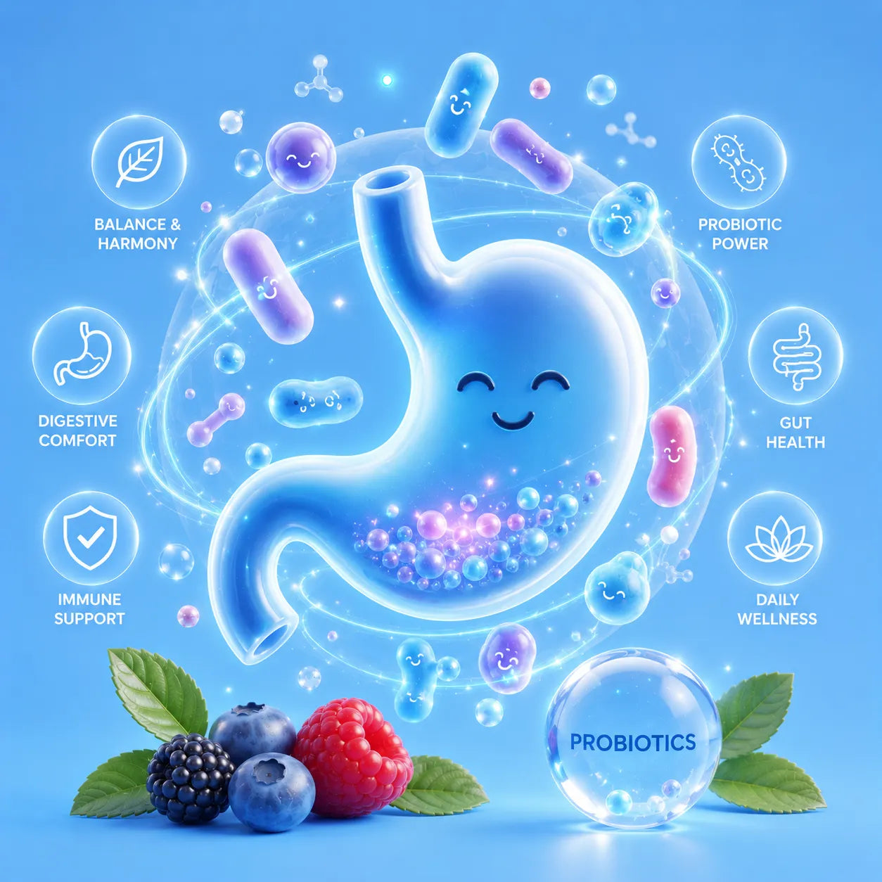 Illustration of a smiling stomach with probiotic bacteria and health benefits on a blue background