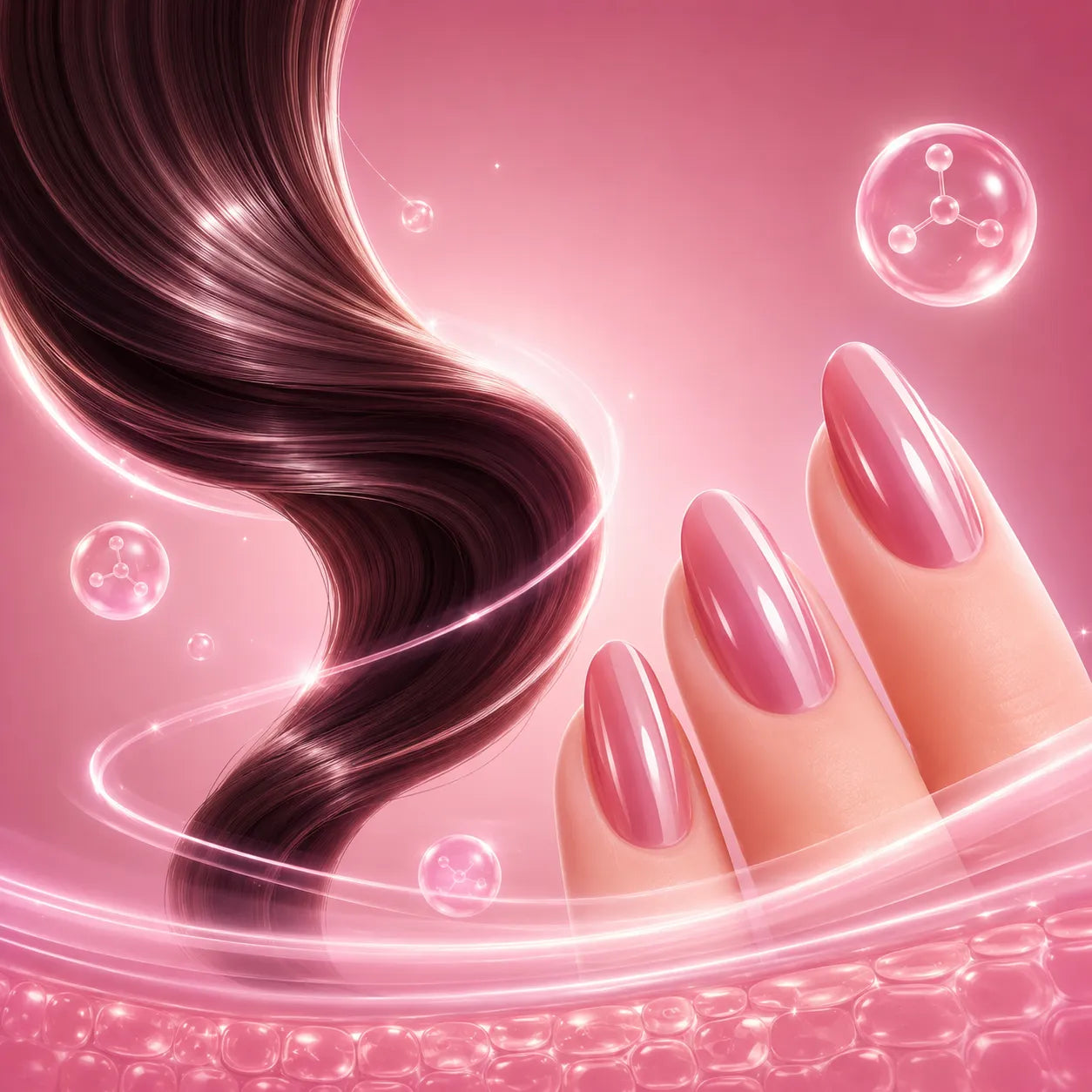 Pink hair and nails with bubbles on a pink background