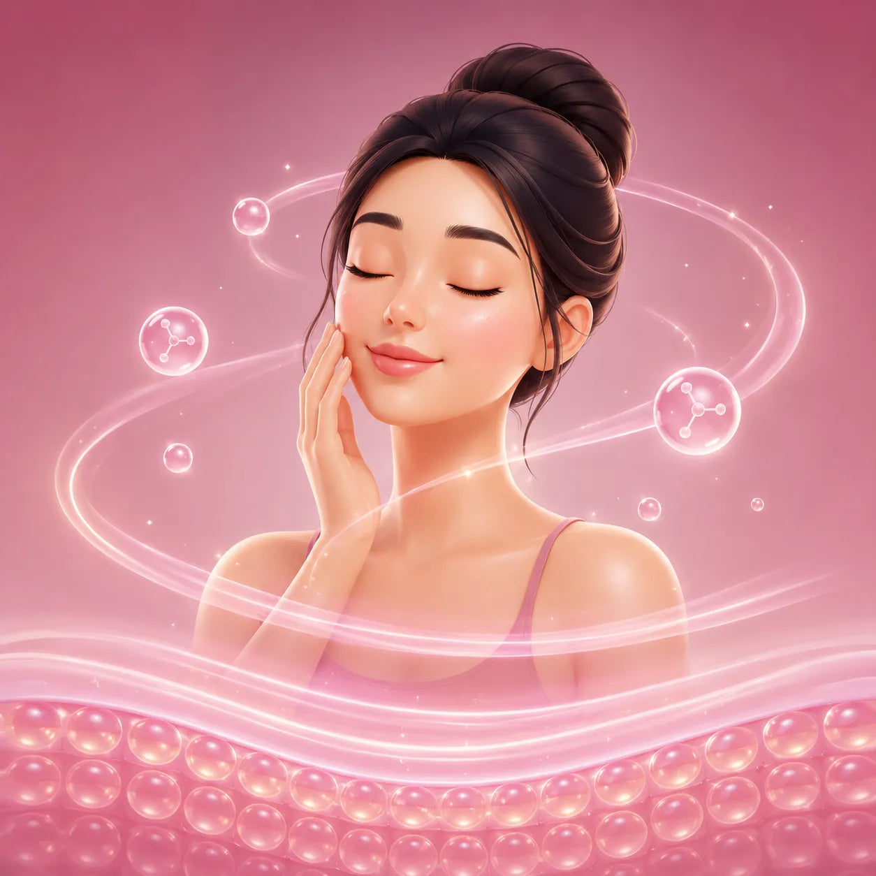Illustration of a woman with closed eyes on a pink background with decorative elements