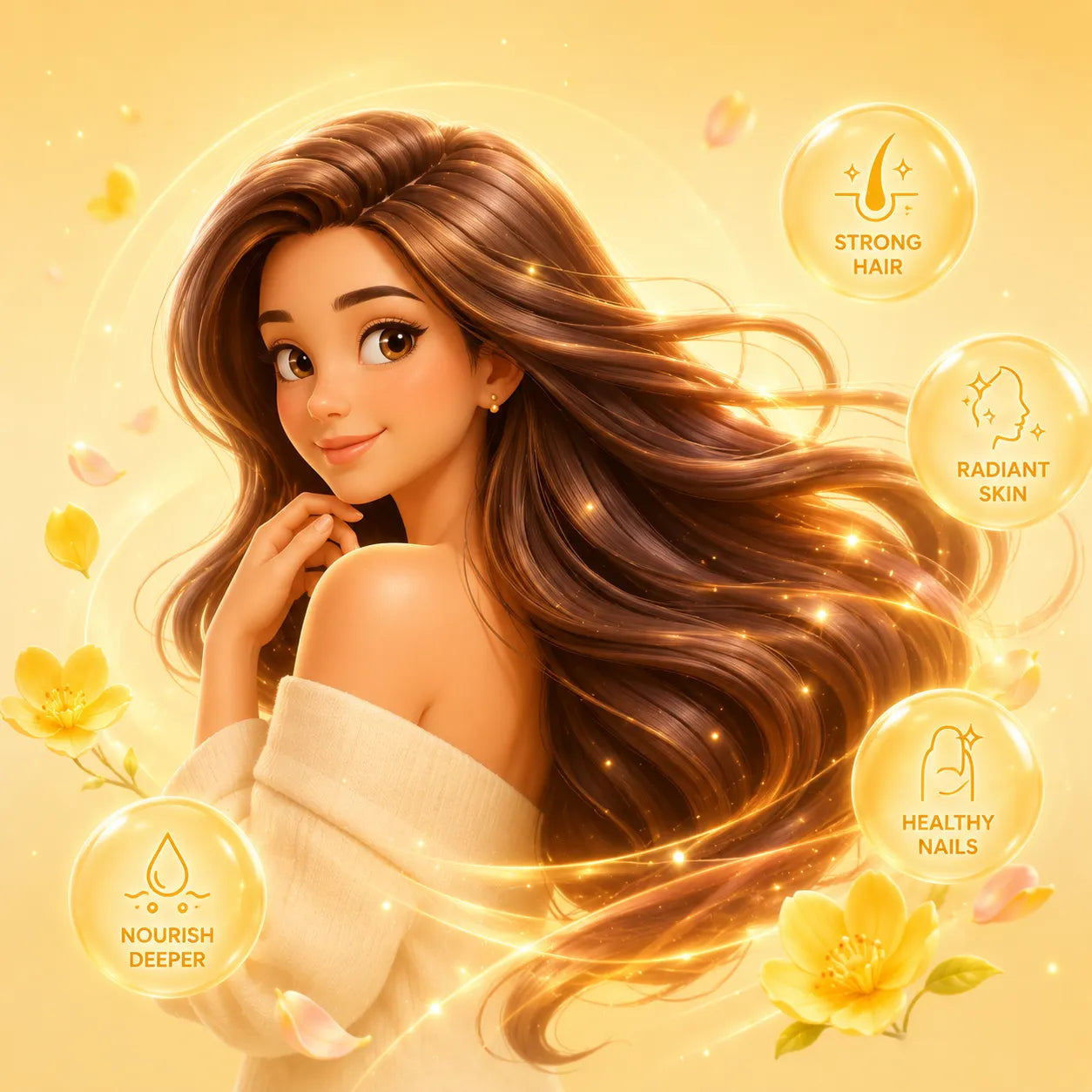 Woman with long brown hair on a yellow background with icons for strong hair, radiant skin, healthy nails, and nourishment.