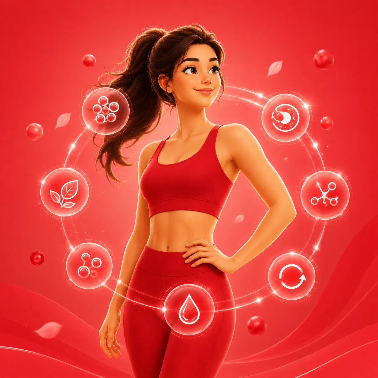 Woman in red athletic wear on a red background with health icons