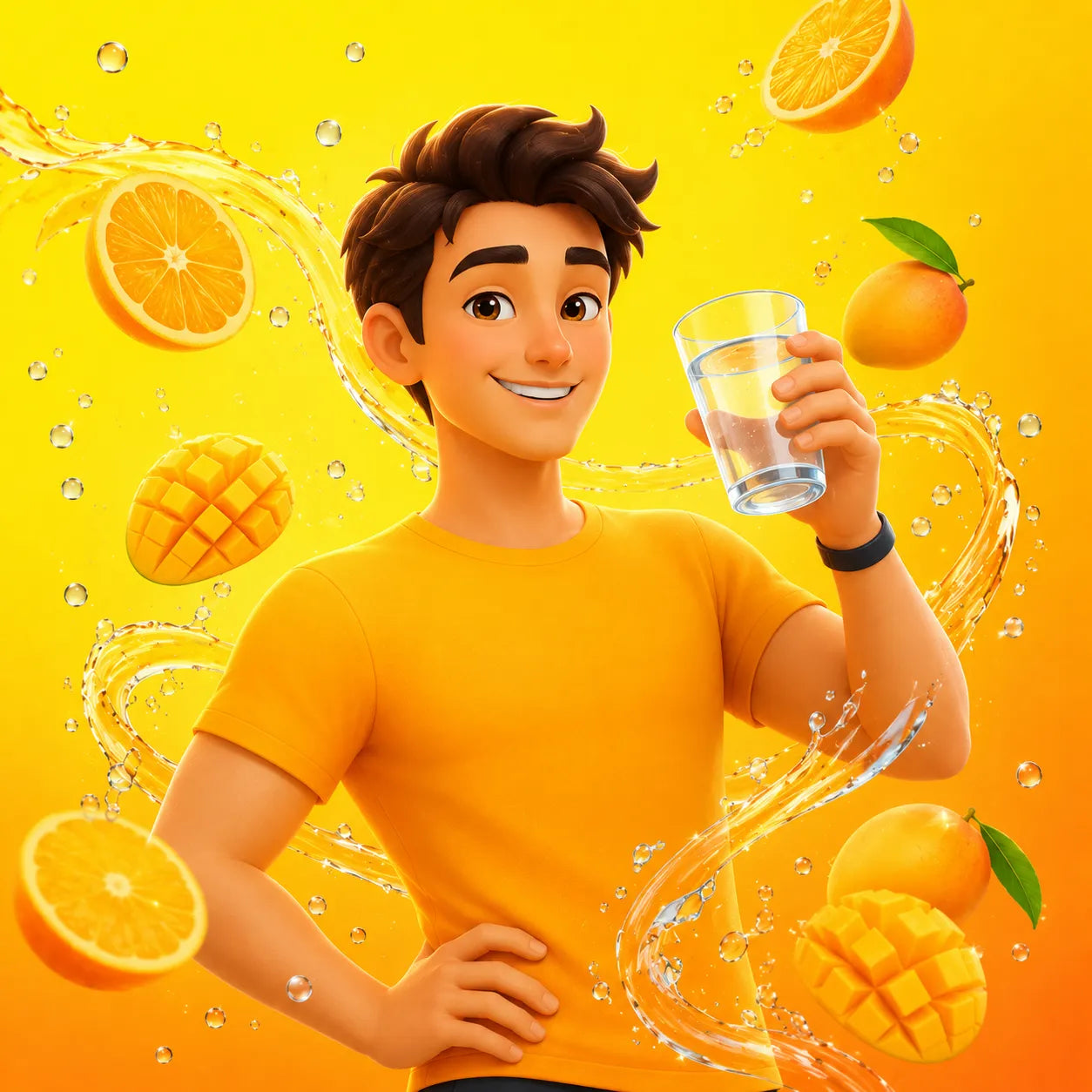 Animated character holding a glass of juice with oranges and mangoes on a yellow background
