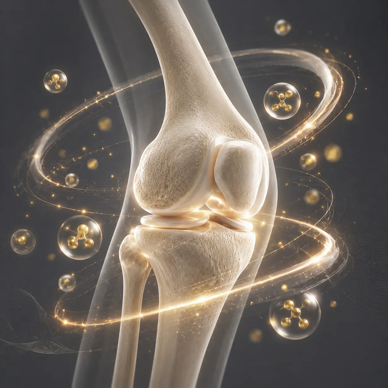 Anatomical illustration of a knee joint with glowing elements on a dark background
