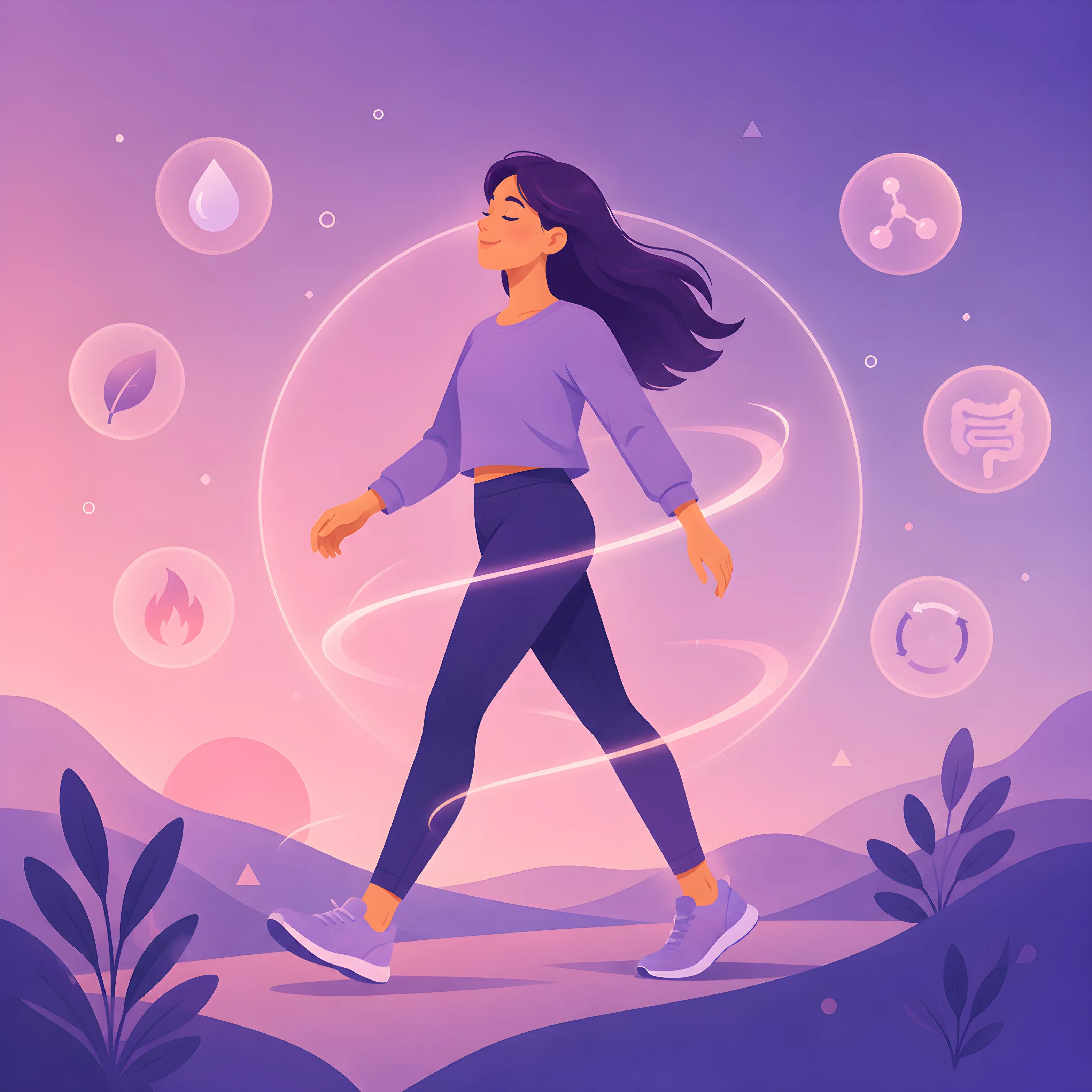 Illustration of a woman walking with wellness icons in the background
