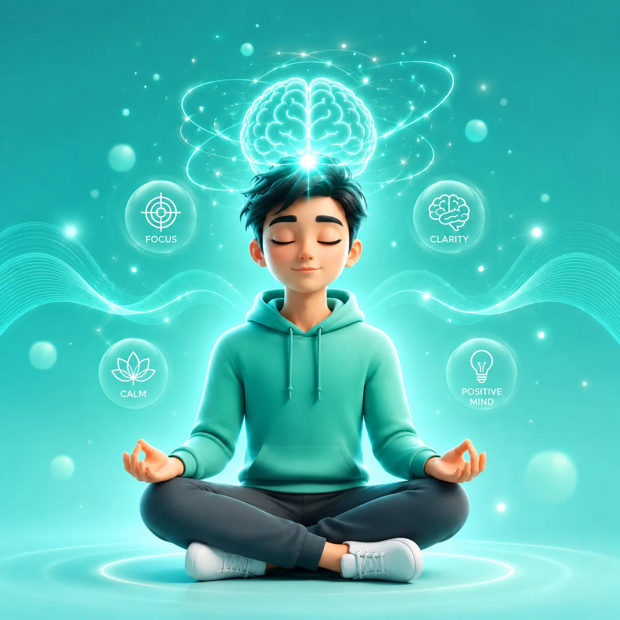 Person meditating with brain illustration and mental wellness icons on a teal background