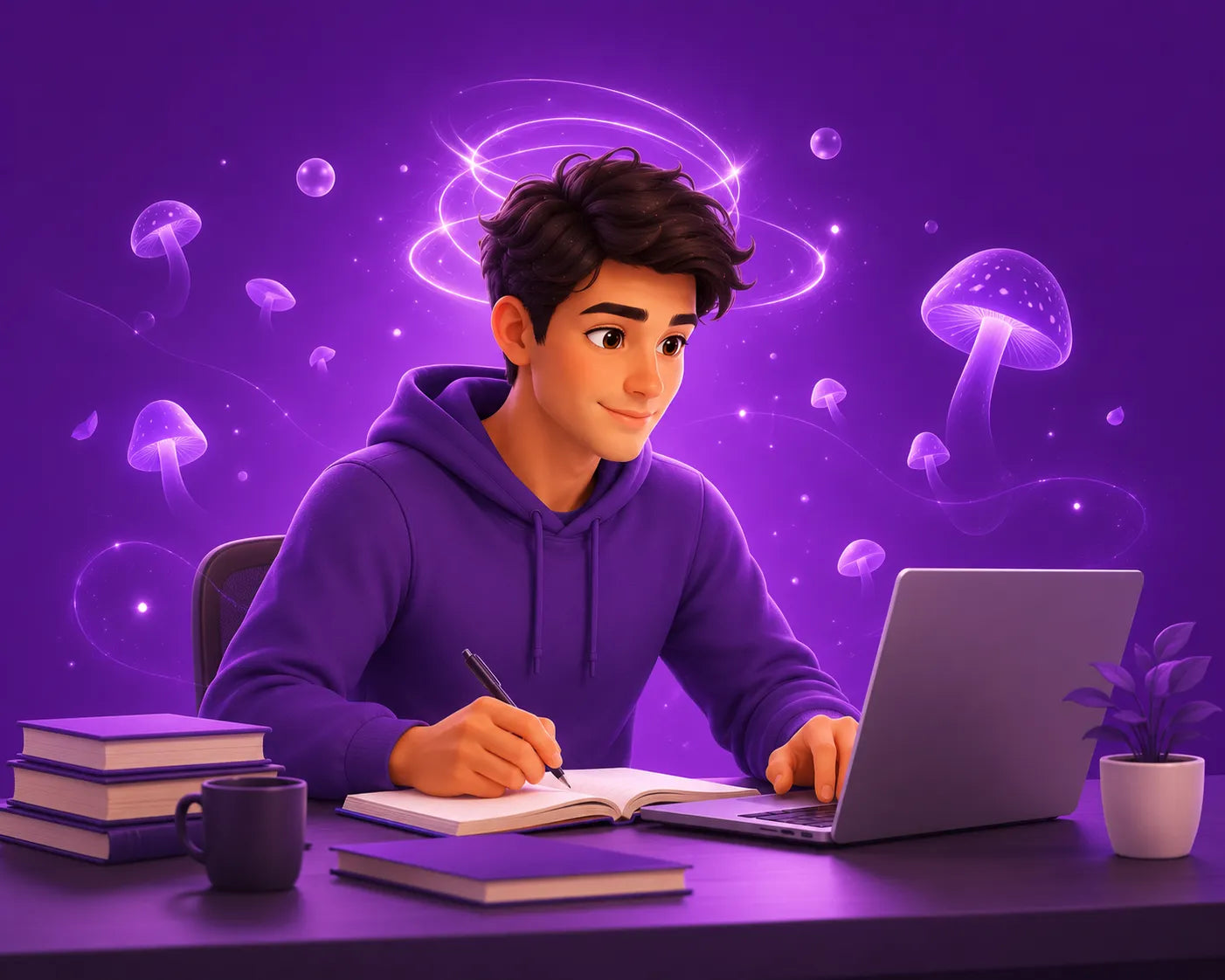 Person in a purple hoodie working at a desk with a laptop and books on a purple background with floating objects.