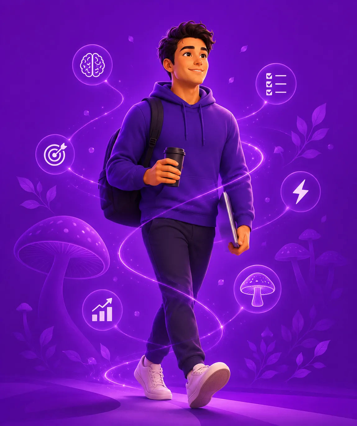 Person in a purple hoodie with a backpack and coffee cup on a purple background with icons