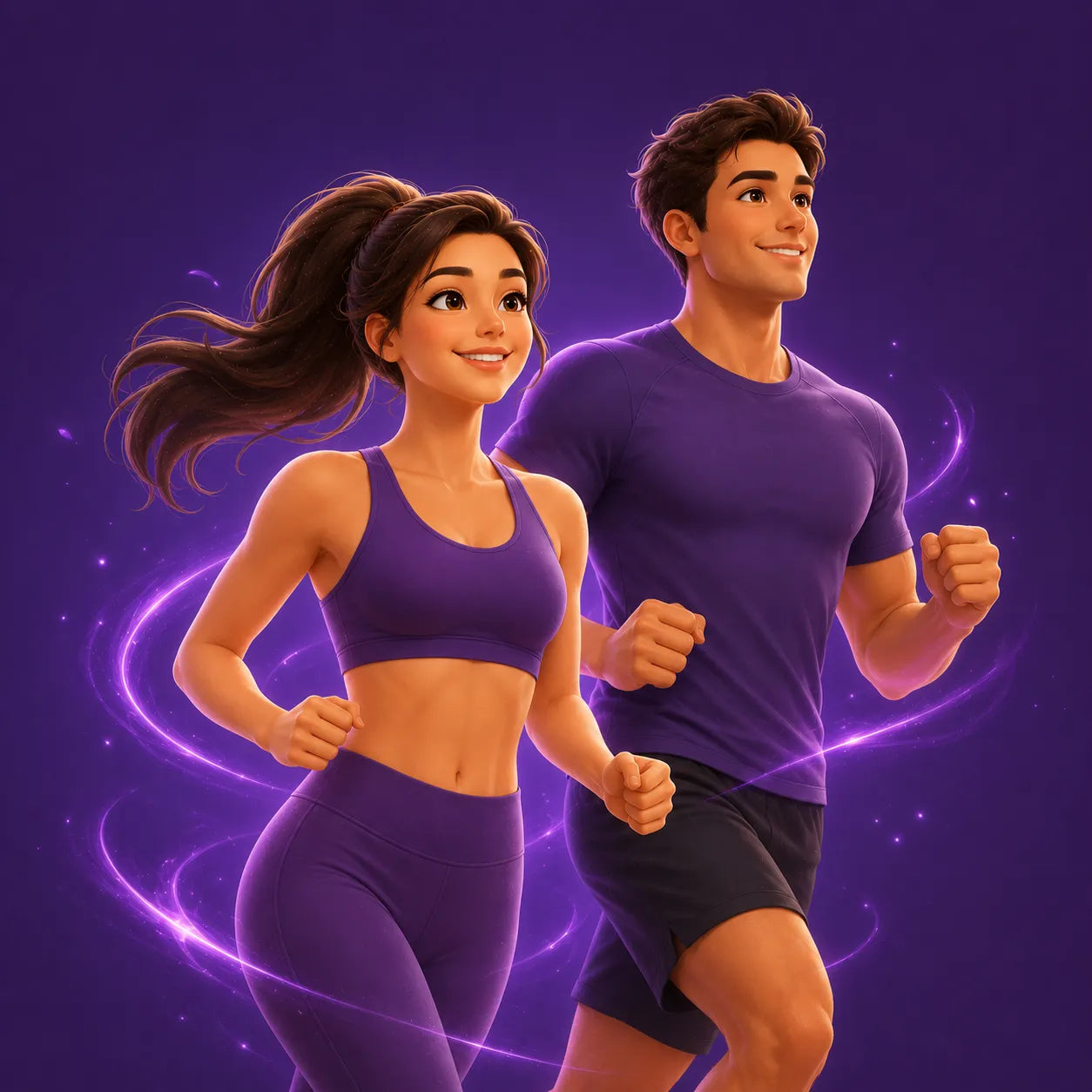 Two animated characters running together on a purple background