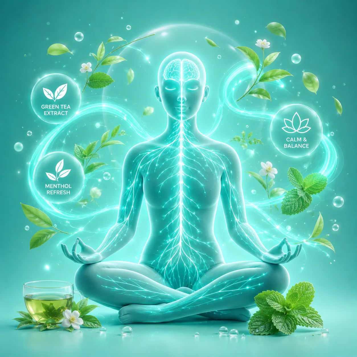 Digital illustration of a person meditating with green tea and mint elements on a teal background
