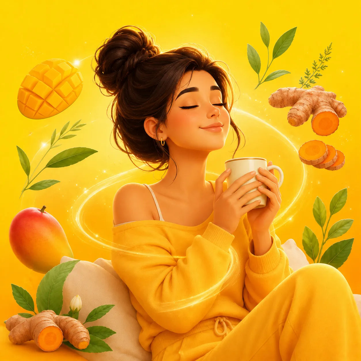 Woman in yellow outfit holding a mug with mangoes, turmeric, and leaves on a yellow background