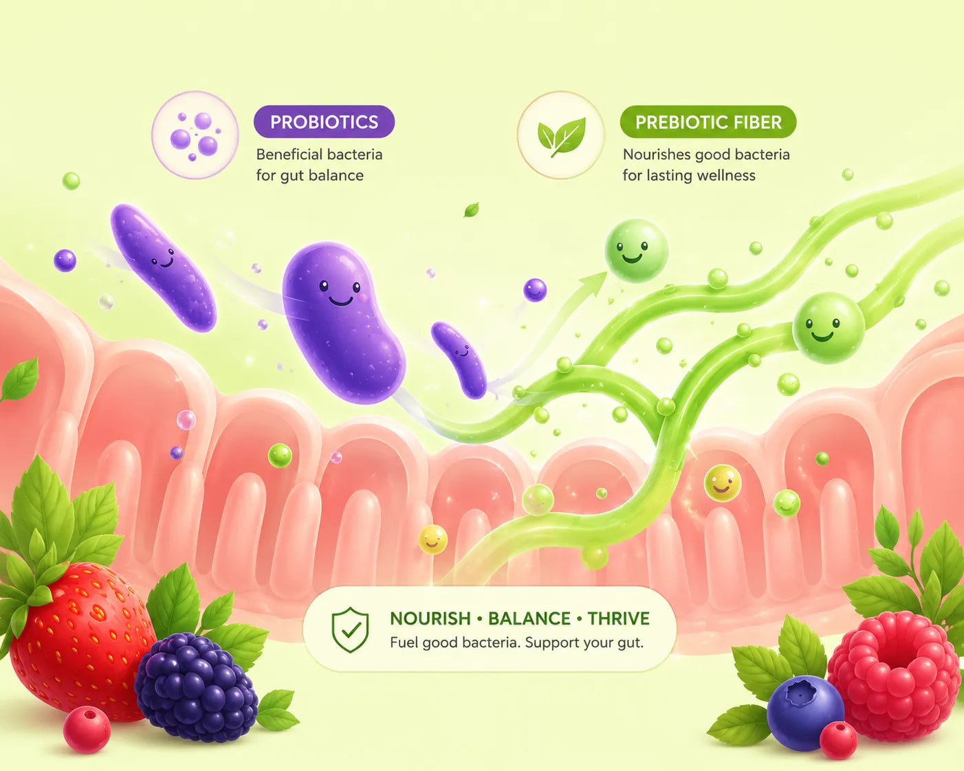 Illustration of probiotics and prebiotic fiber with a focus on gut health on a green background.