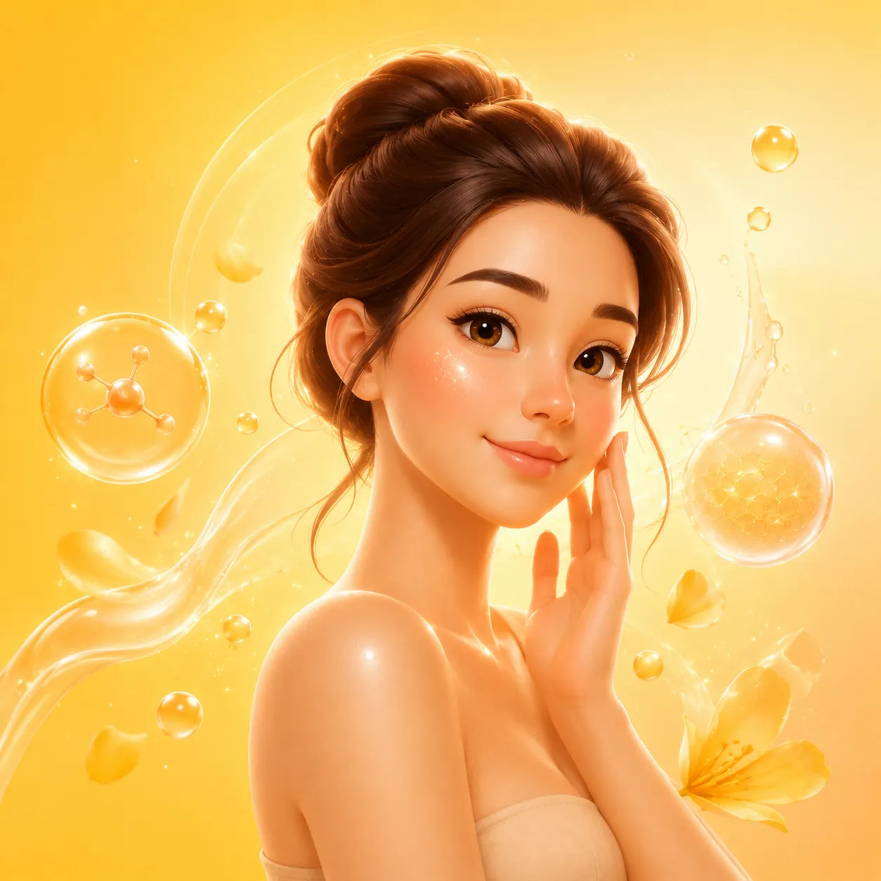Woman with a smooth skin texture on a yellow background with cosmetic elements