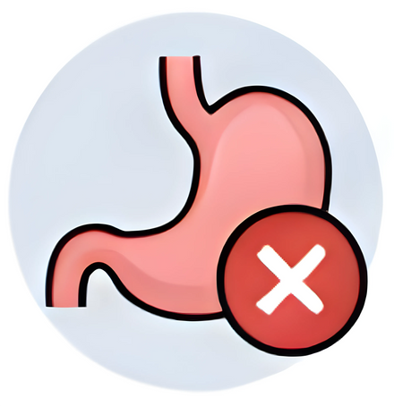Illustration of a stomach with a red circle and cross mark on a light blue background
