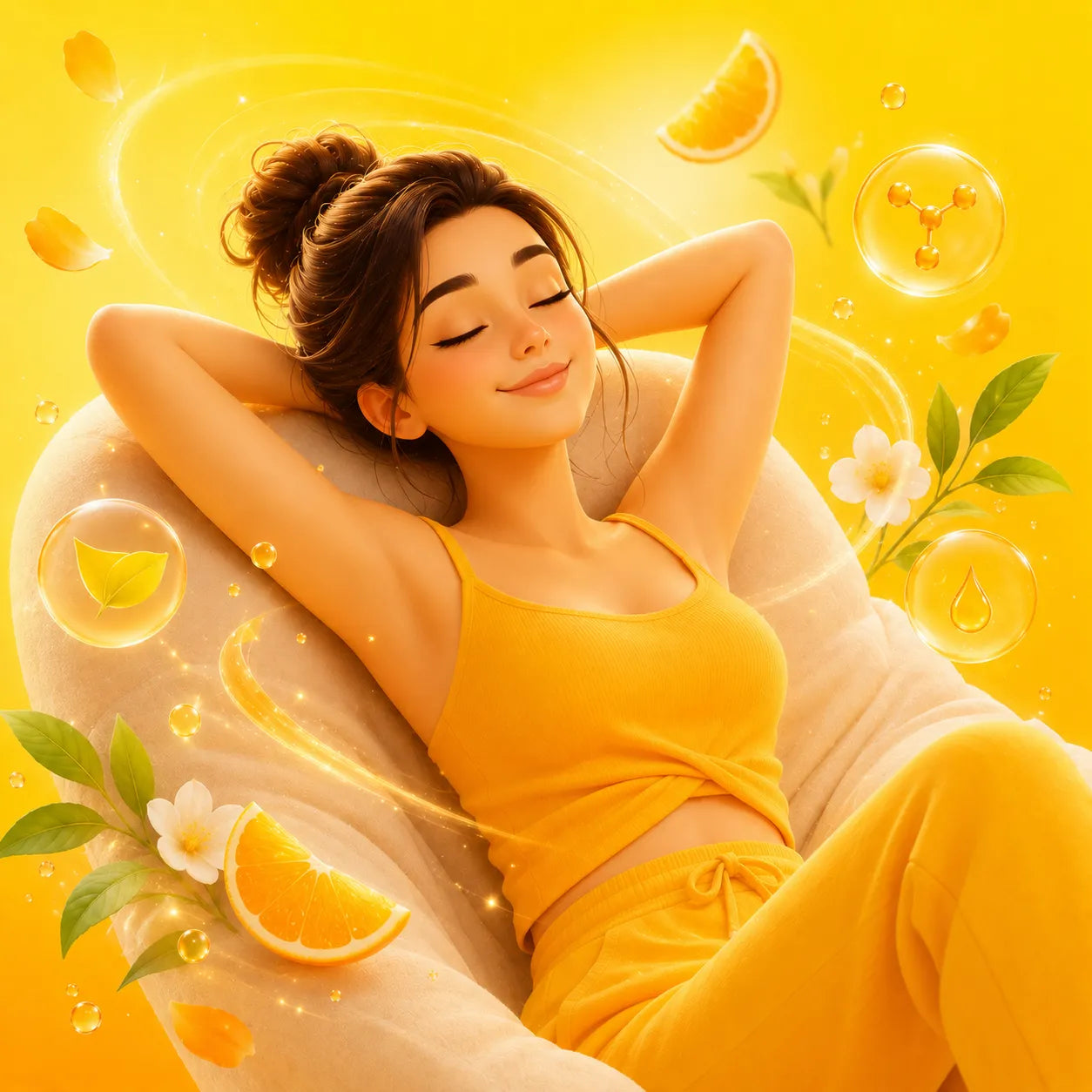 Woman in yellow outfit relaxing on a chair with lemon slices and flowers on a yellow background