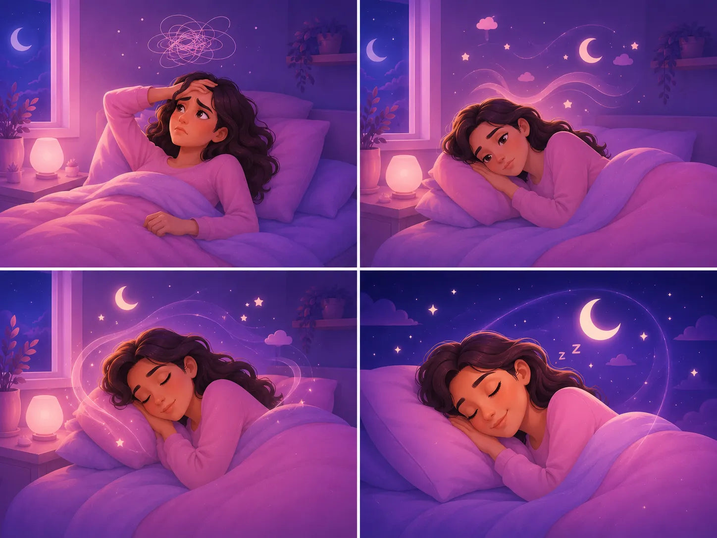 Four-panel illustration of a girl lying in bed under a purple night sky with stars and moons.