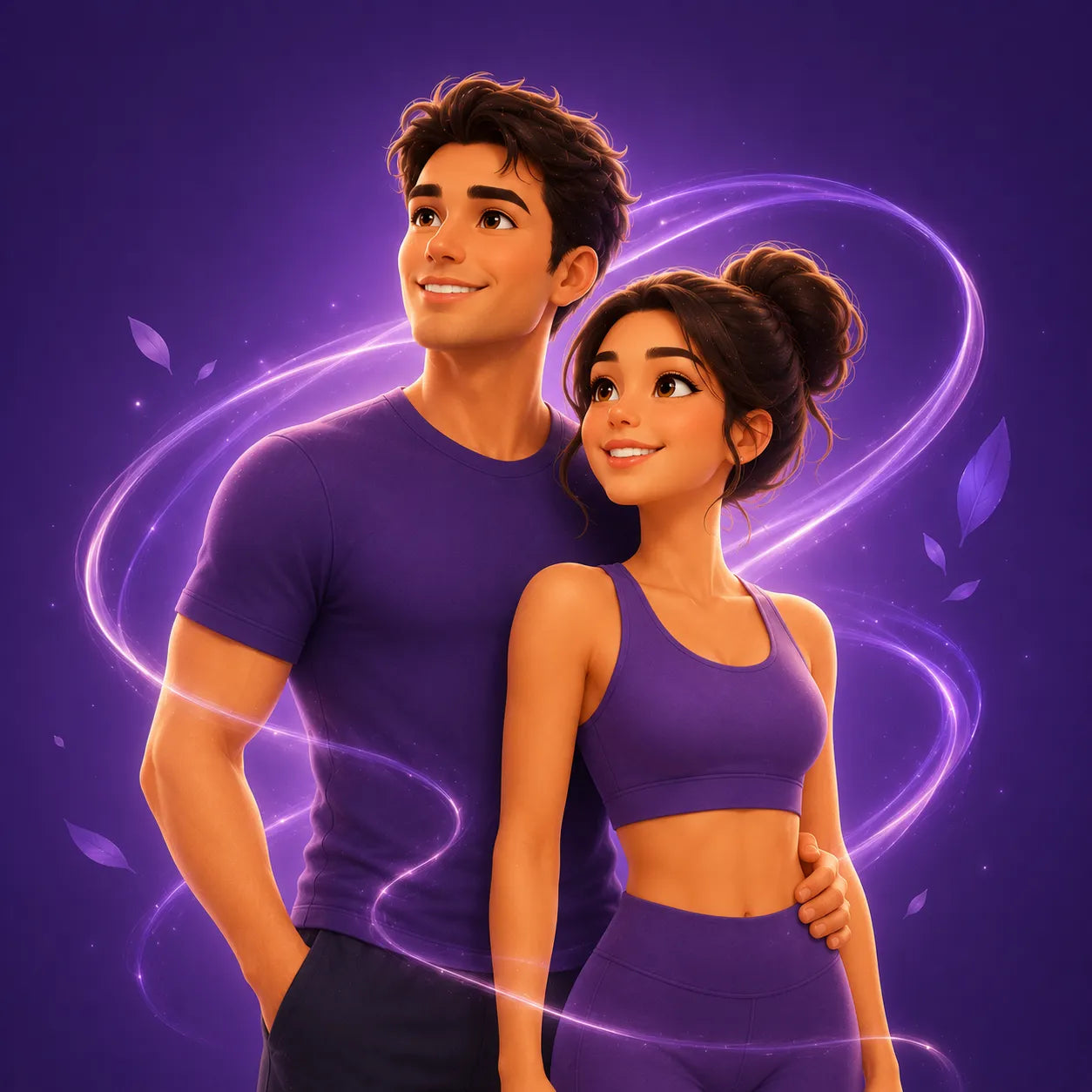 Animated characters in purple athletic wear against a purple background with swirling light effects.