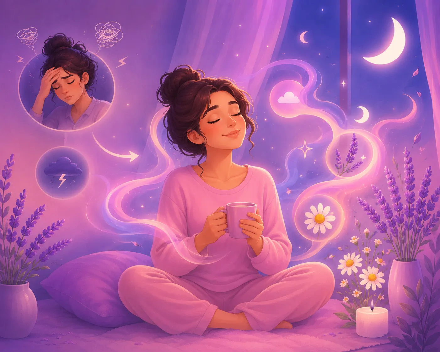 Woman sitting in a peaceful setting with flowers and moonlight, holding a mug.