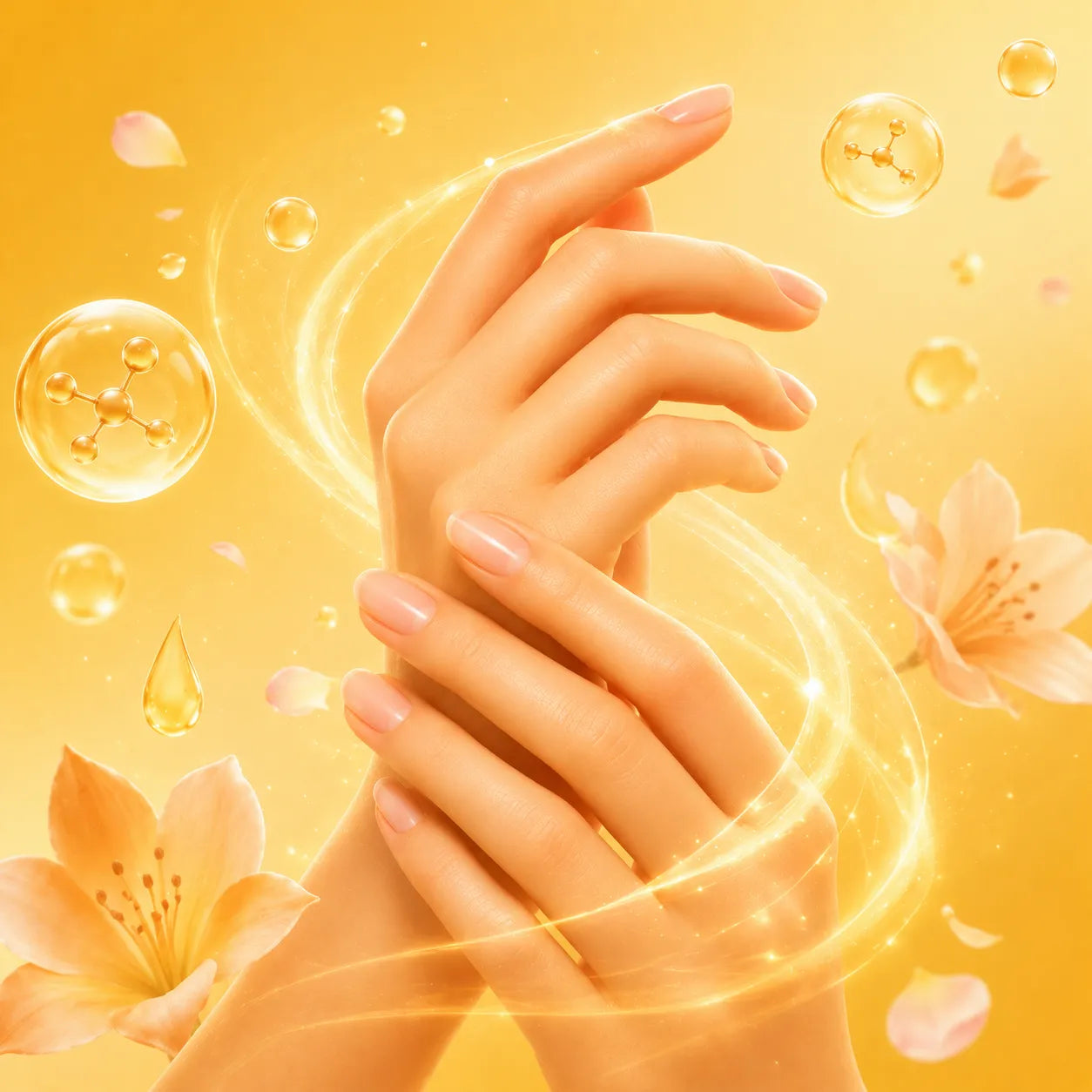Hand with smooth skin on a yellow background with flowers and bubbles