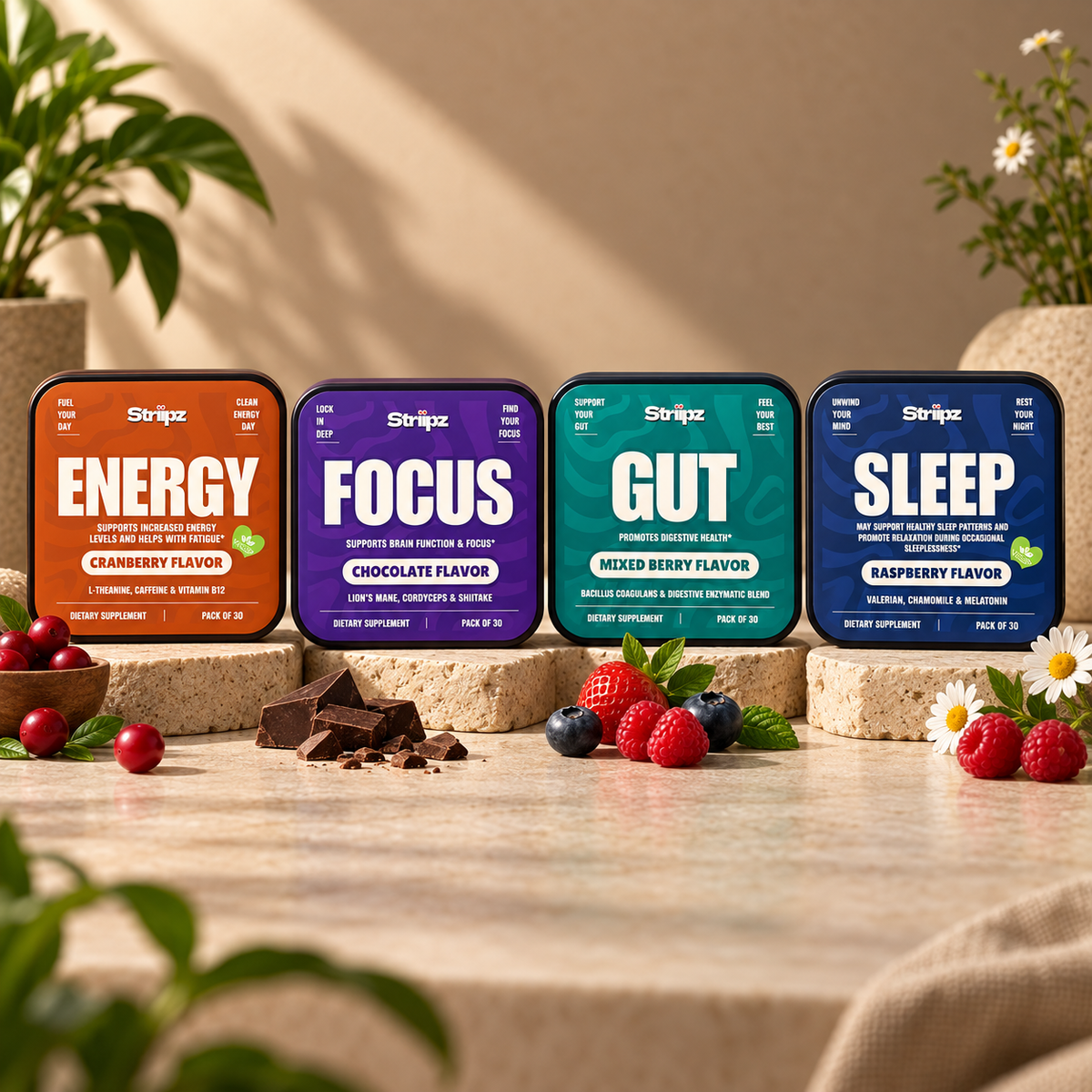 Striipz wellness supplement collection featuring Energy, Focus, Gut, and Sleep dietary supplement strips