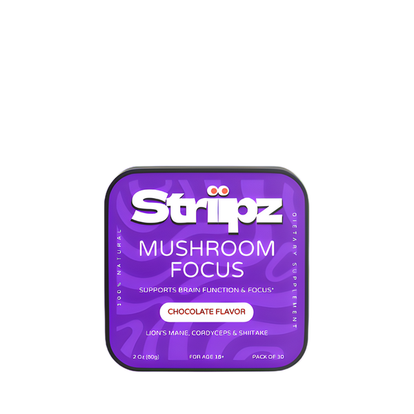 Stripz Mushroom Focus supplement tin on a white background