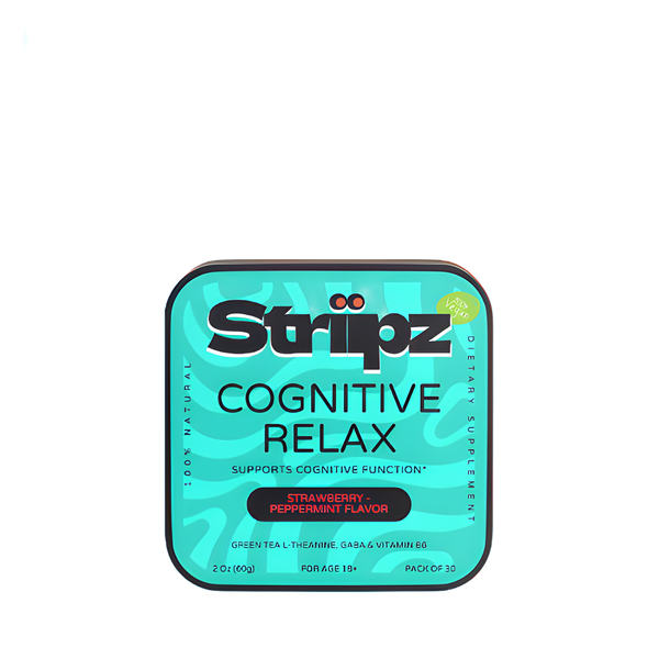 Striipz cognitive relax supplement container on a white background