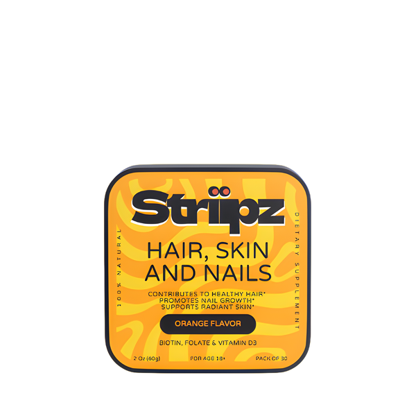 Striipz hair, skin, and nails supplement tin on a white background
