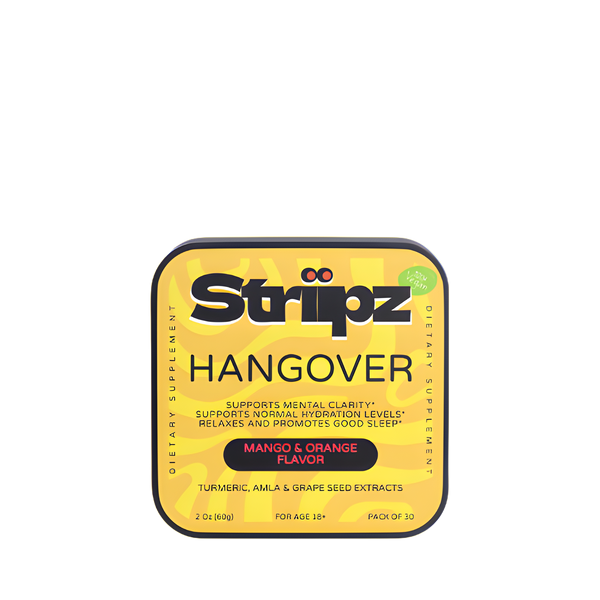 Striipz Hangover supplement packaging on a white background
