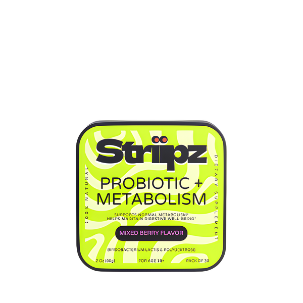 Striipz Probiotic + Metabolism supplement packaging on a white background