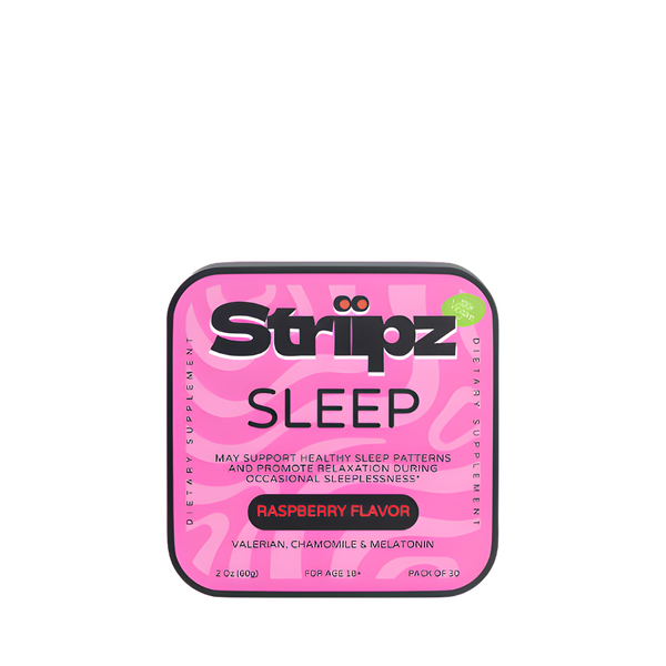 Pink container of Striipoz Sleep supplement on a white background