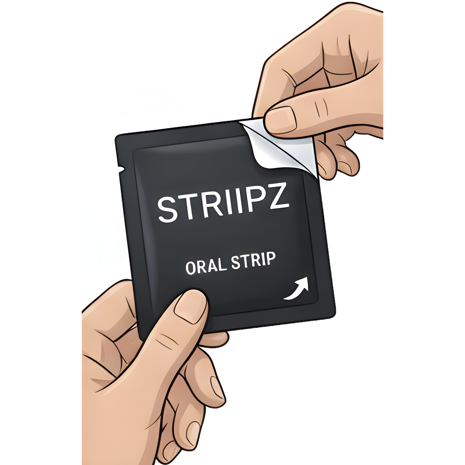 Illustration of a black 'STRIIPZ' oral strip packaging held by two hands on a white background.