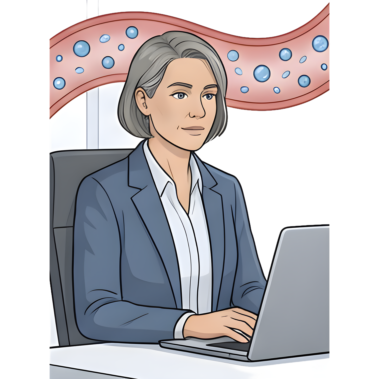 Illustration of a woman sitting at a desk with a laptop, with a medical diagram in the background.