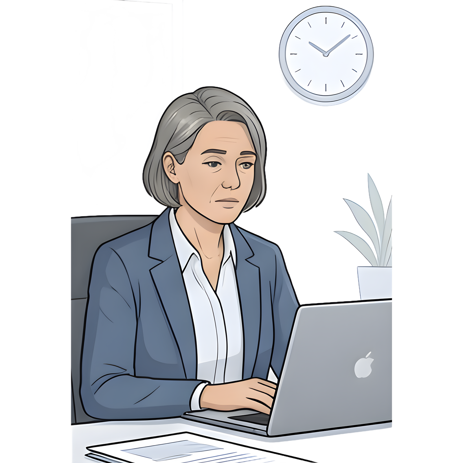Illustration of a person sitting at a desk with a laptop, clock, and plant in the background.