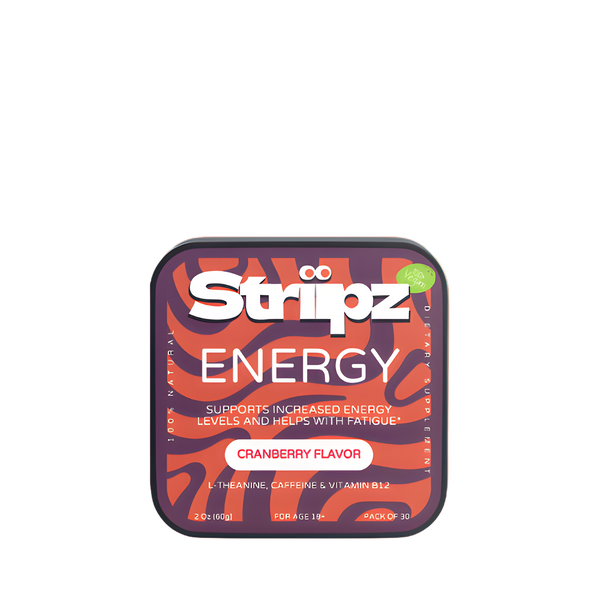 Stripz Energy supplement tin with colorful design on a white background