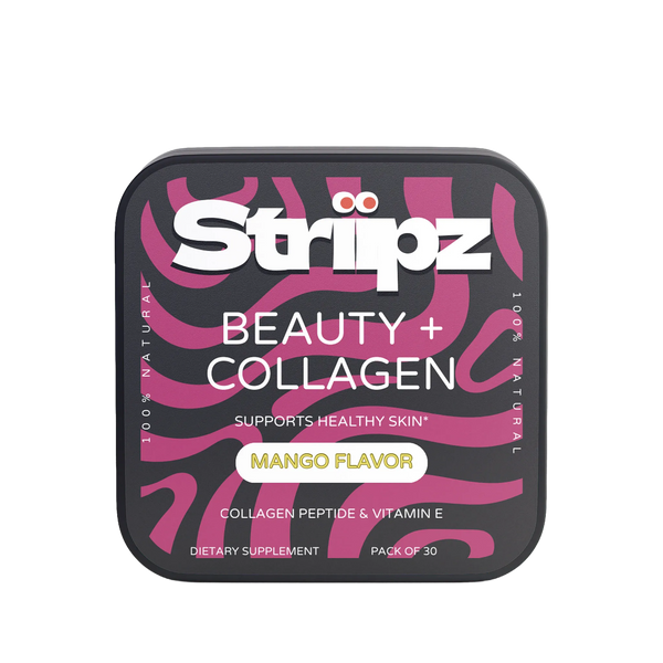 Striipz Beauty + Collagen supplement packaging with pink designs on a white background
