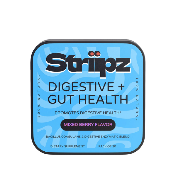 Striipoz digestive and gut health supplement packaging on a white background